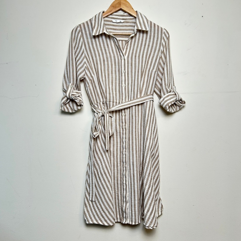 Zoey & Leelo Striped Button Front Tie Waist Shirt Dress Tan‎ PM